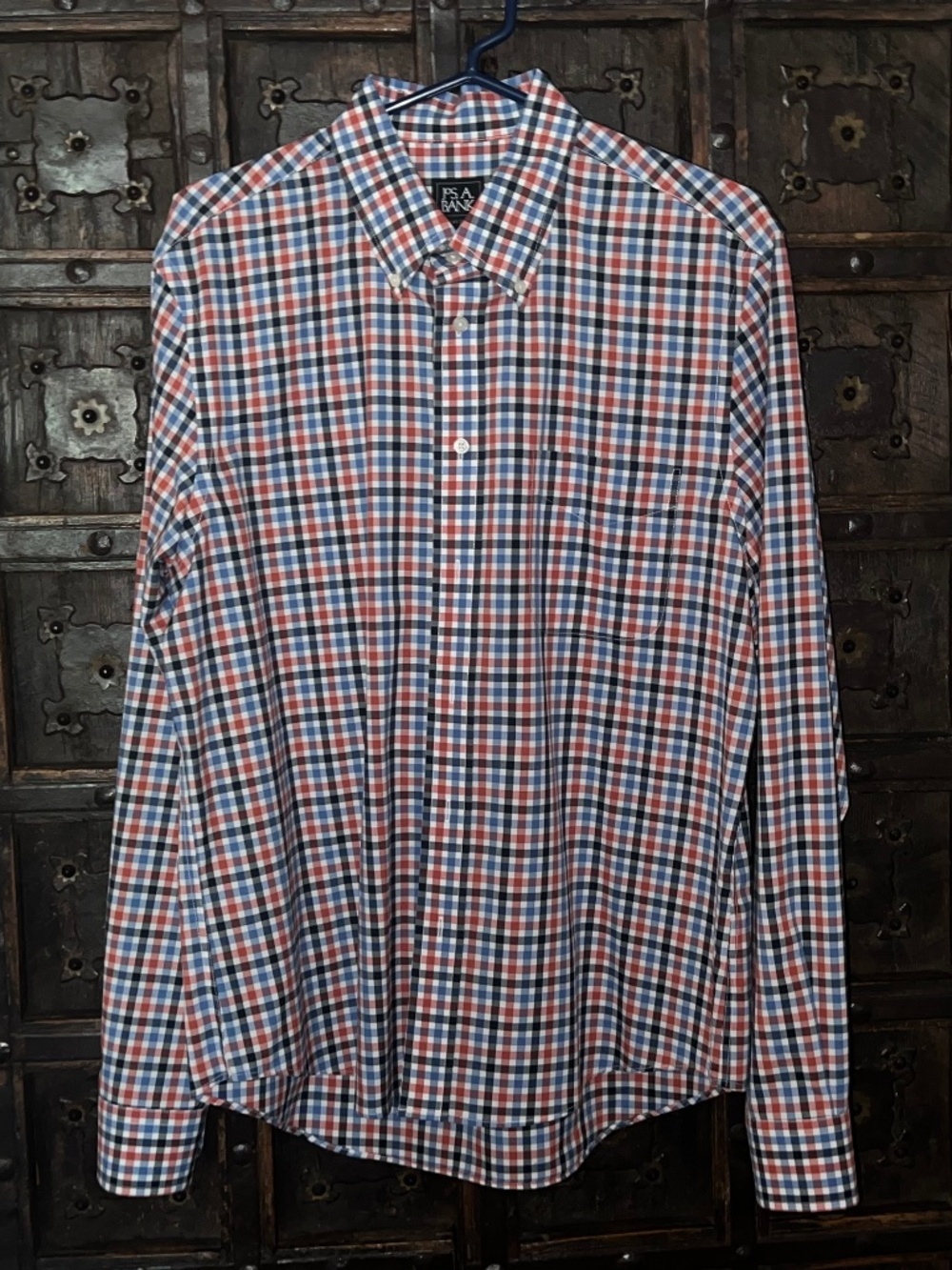 Men's Jos A Bank Long Sleeve Traveler Slim Fit Blue Plaid Dress Shirt Size Large